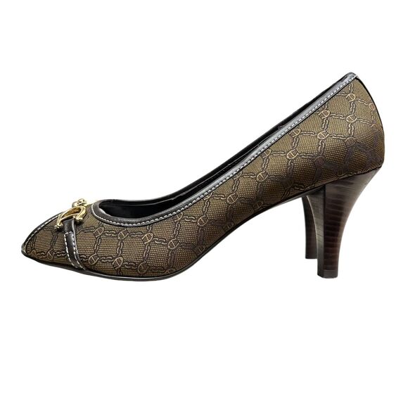 Etienne Aigner Womens‎ Pump Heel Cherie Peep Toe Horse Bit Brown Black Sz 7.5M - Picture 3 of 8